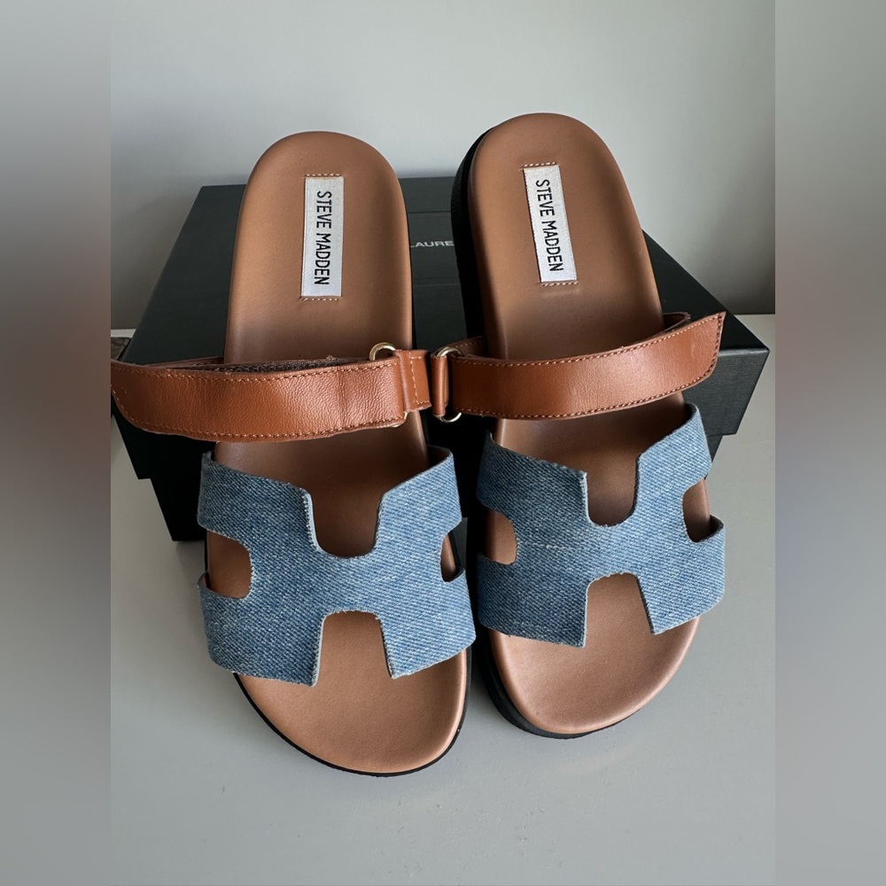 Steve Madden Brown Leather and Light Blue Denim Slide Sandals - Picture 3 of 5